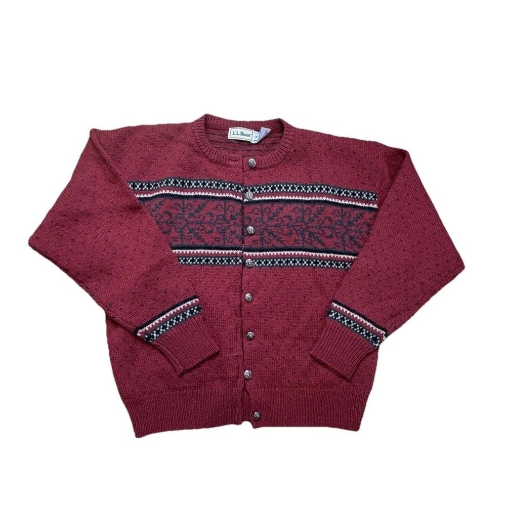 Vintage L.L. Bean Women's Cardigan Size M Red & Green Shetland Wool Nordic Fair